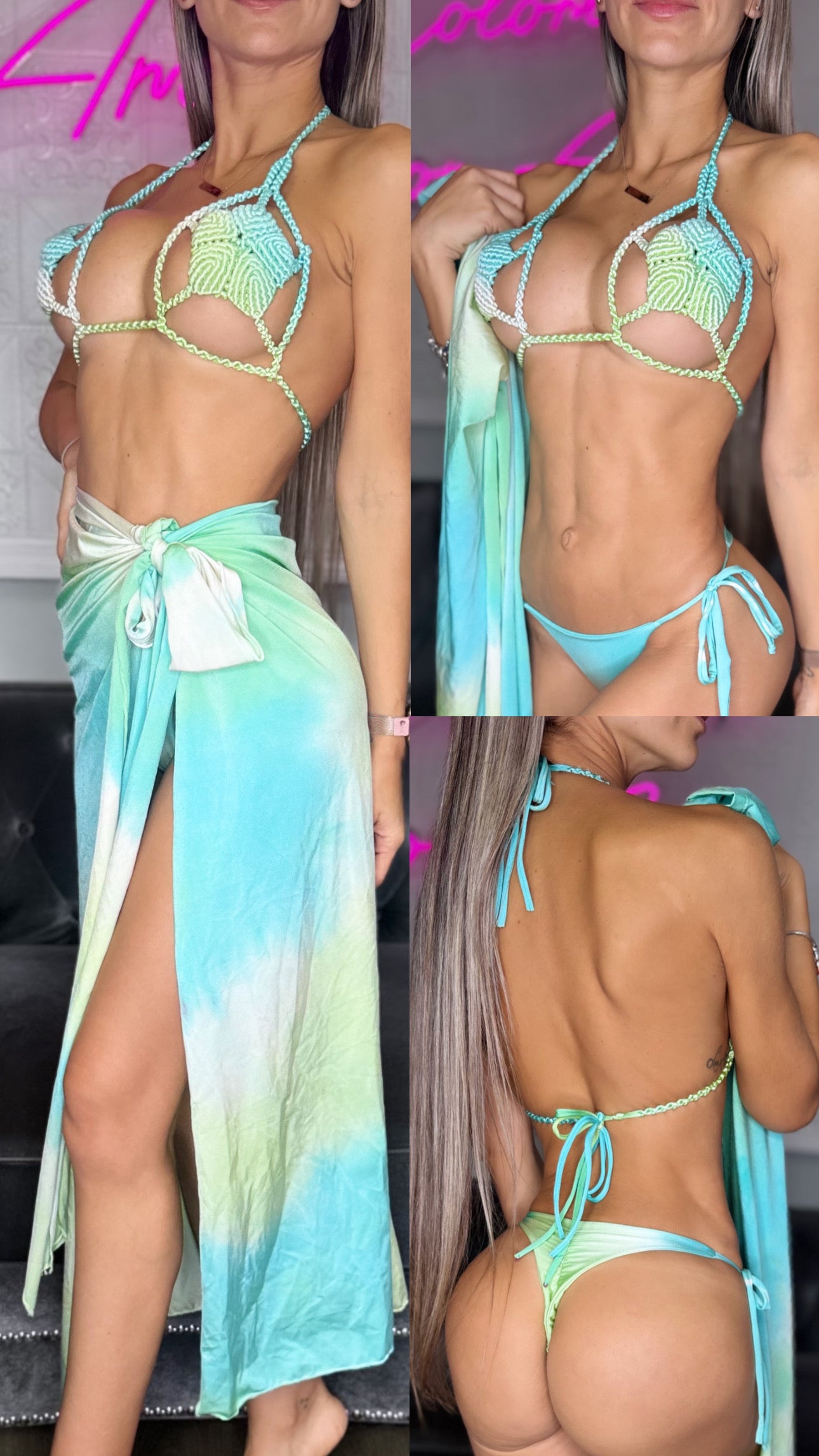 Rose macrame bikini and skirt set