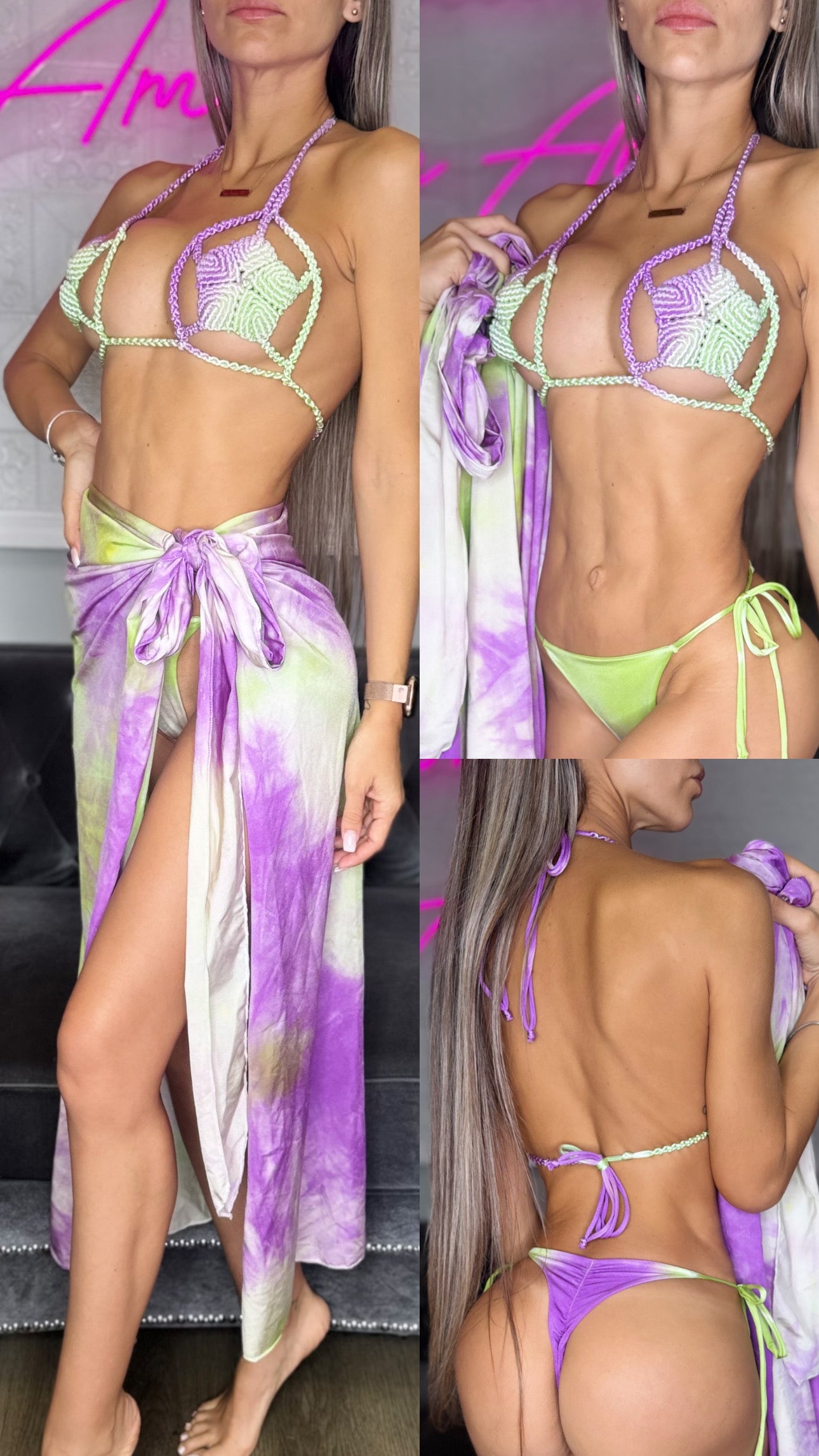 Rose macrame bikini and skirt set