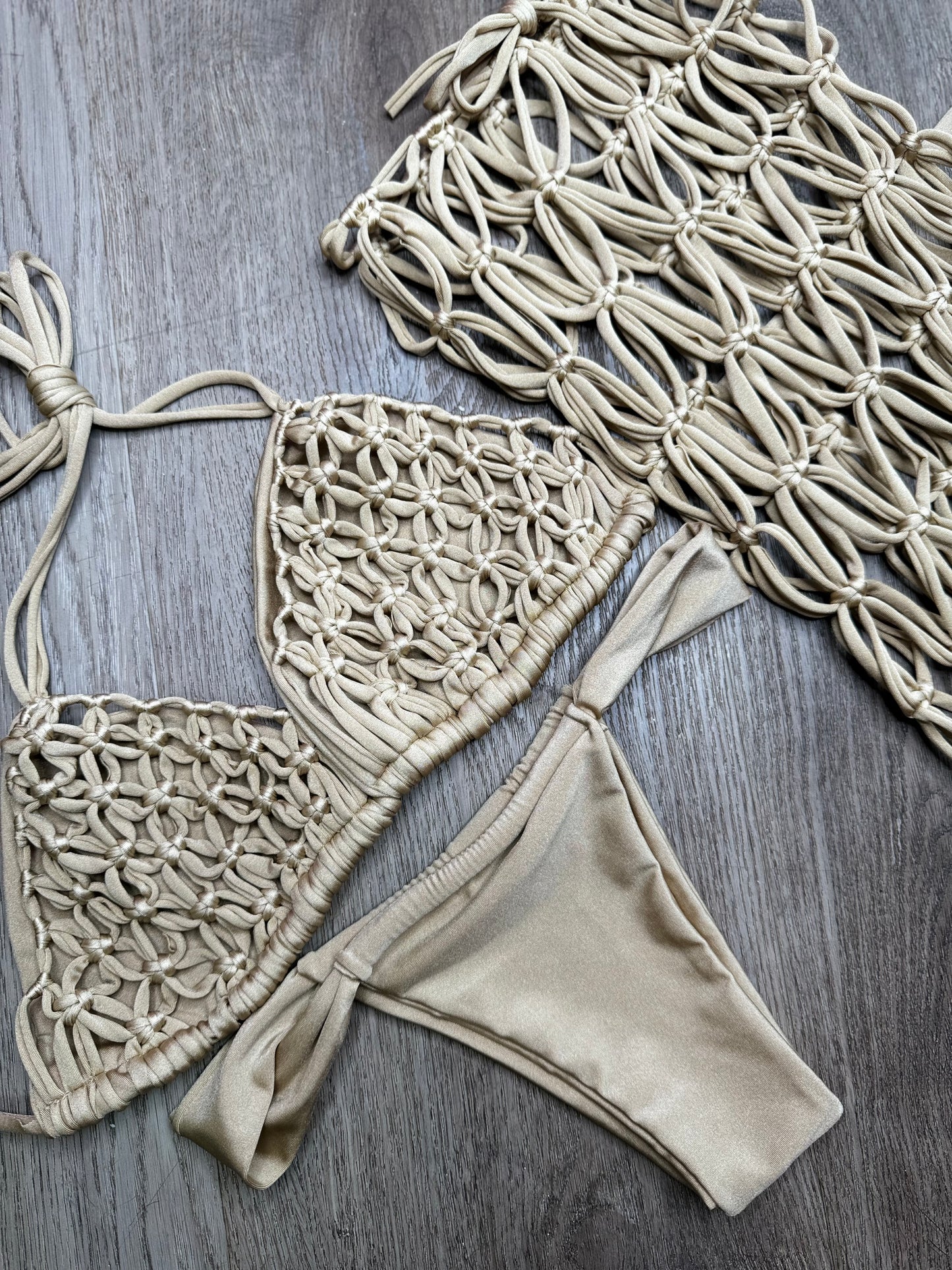 Net macrame bikini and skirt set