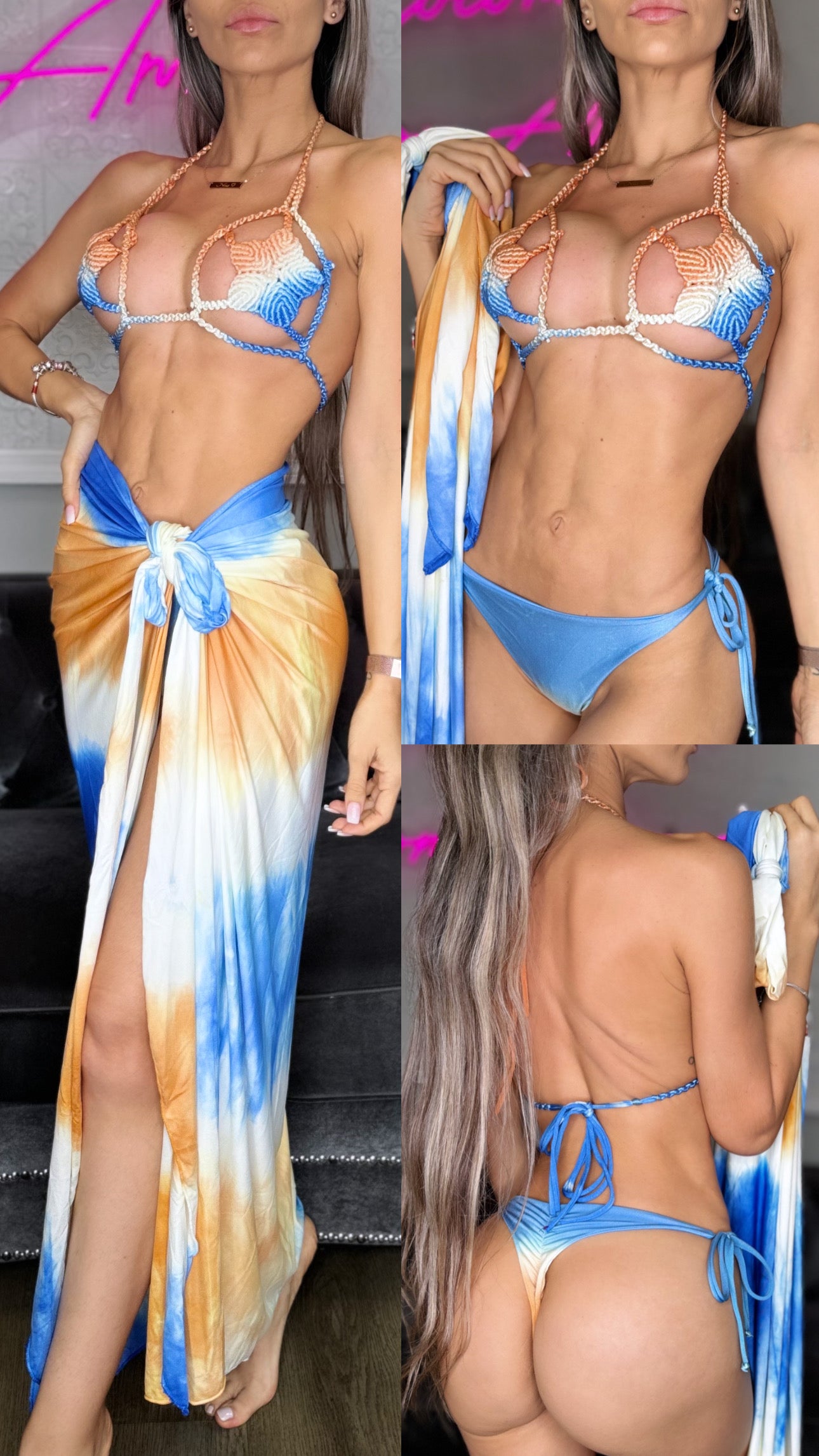 Rose macrame bikini and skirt set