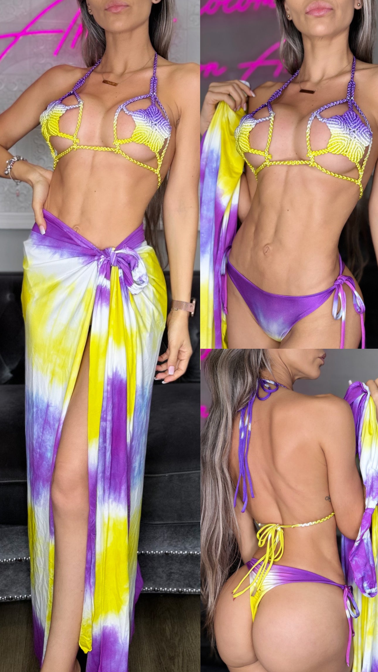 Rose macrame bikini and skirt set