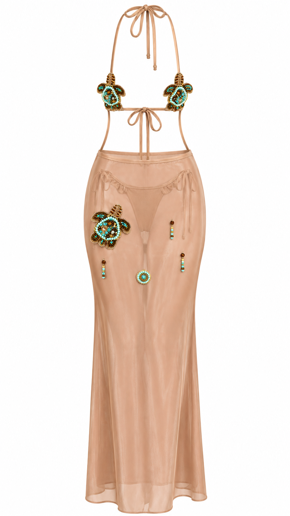 Turtle Premium studio cover with smaller embellished top and tie-side bottoms behind sheer skirt